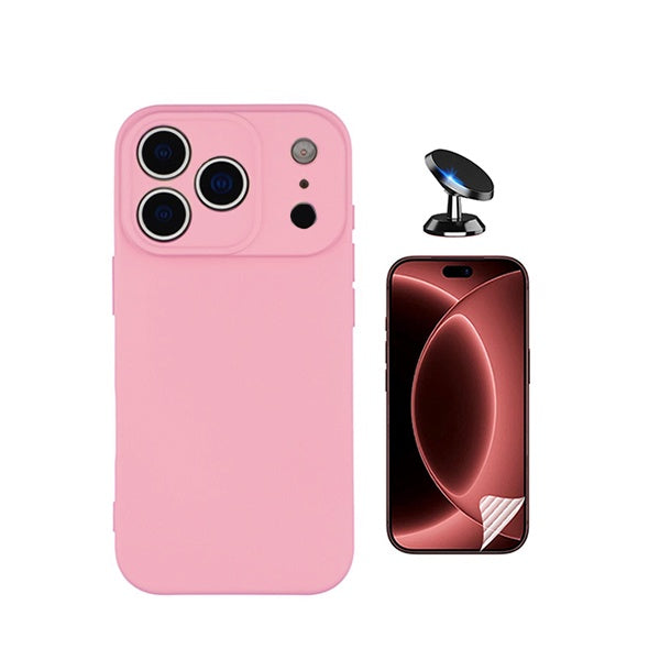Kit Película Protectora de Hydrogel Frente + Capa Proteção Silicone + Suporte Magnético GIFT4ME Para Apple iPhone 18 Pro - Rosa