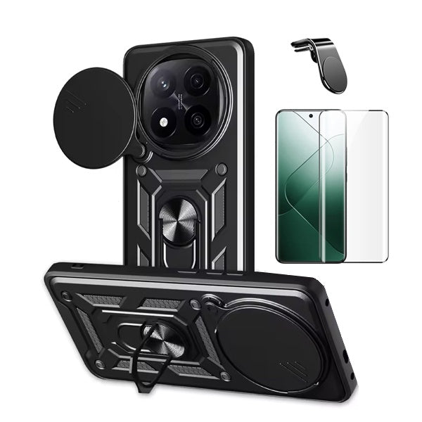 Kit Película de Vidro Temperado Gorilasglass Curvado + Capa de Proteção Militar Magnética + Suporte de Carro Magnético L Gift4Me Para Xiaomi Redmi Note 14 Pro + Plus - Preto