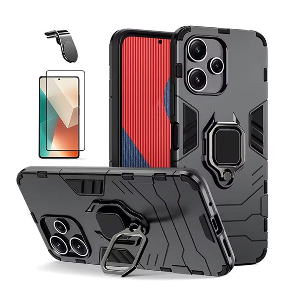 Kit Película de Vidro Temperado Gorilasglass + Capa de Proteção Militar Magnética + Suporte de Carro Magnético L Gift4Me Para Xiaomi Redmi Note 14 - Preto