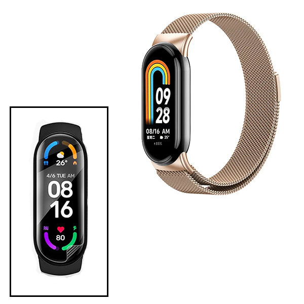 Kit Bracelete Milanese Com Fecho Magnético + Pelicula de Hydrogel GIFT4ME Compativel Com Xiaomi Smart Band 9 - Rosa