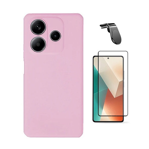 Kit Película de Vidro Temperado Gorilasglass + Capa Proteção Silicone + Suporte Magnético L Gift4Me Para Xiaomi Redmi Note 14 4G - Rosa