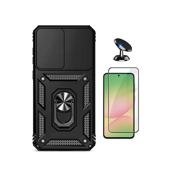 Kit Película de Vidro Temperado Gorilasglass + Capa de Proteção Militar Magnética Janela + Suporte Magnético GIFT4ME Para Samsung Galaxy A57 5G - Preto