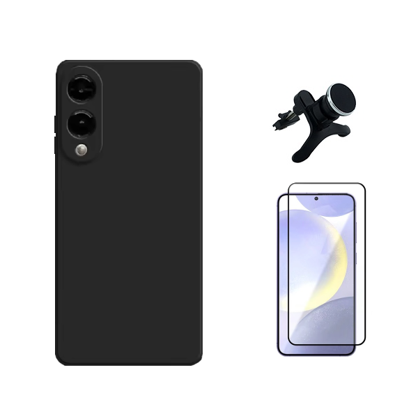 Kit Película de Vidro Temperado Gorilasglass + Capa Proteção Silicone + Suporte Reforçado de Carro Gift4Me Para Samsung Galaxy S25 Edge - Preto