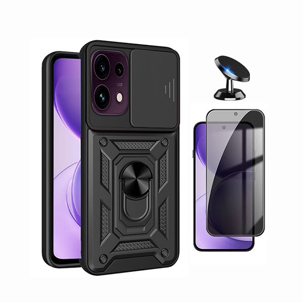 Kit Película de Vidro Temperado Privacidade + Capa de Proteção Militar Magnética Janela + Suporte Magnético GIFT4ME Para Oppo Reno16 F 5G - Preto