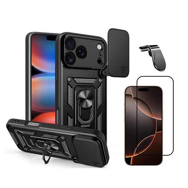 Kit Película de Vidro Temperado Gorilasglass + Capa de Proteção Militar Magnética Janela + Suporte de Carro Magnético L GIFT4ME Para Apple iPhone 18 Pro - Preto
