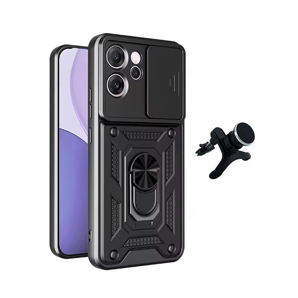 Kit Suporte Magnético Com Pernas + Capa de Proteção Militar Magnética Janela Deslizante GIFT4ME Para Oppo Reno14 F 5G - Preto