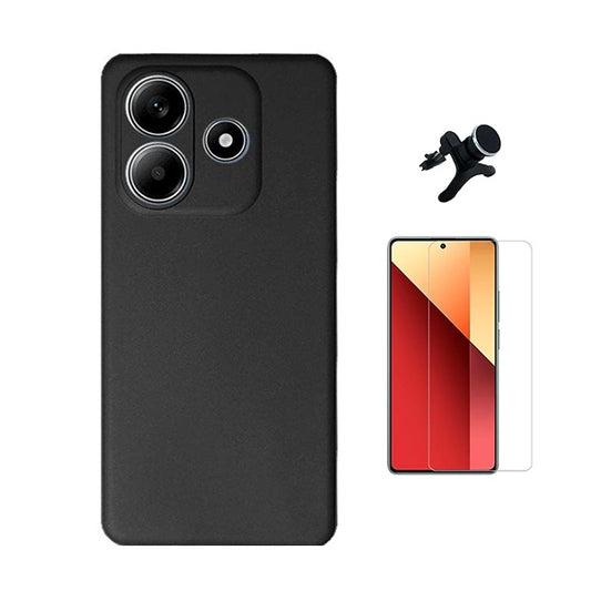 Kit Vidro Temperado Cleargorilasglass + Capa Proteção Silicone +  Suporte Reforçado de Carro Gift4Me Para Xiaomi Redmi Note 14 - Preto