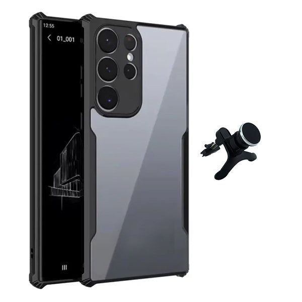 Kit Capa Traseira Fumê Rígida + Suporte Magnético Com Pernas GIFT4ME Para Samsung Galaxy S22 Ultra  - Transparente/Preto