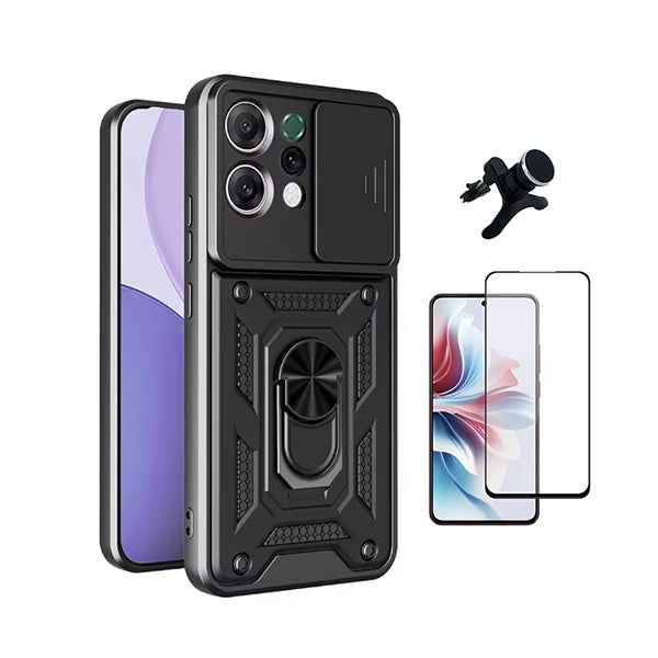 Kit Película de Vidro Temperado Gorilasglass Curvado + Capa de Proteção Militar Magnética + Suporte Magnético Com Pernas  GIFT4ME Para Oppo Reno14 - Preto