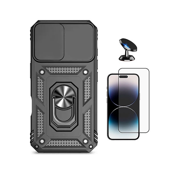 Kit Película de Vidro Temperado Gorilasglass + Capa de Proteção Militar Magnética Janela + Suporte Magnético GIFT4ME Para Apple iPhone 17 - Preto