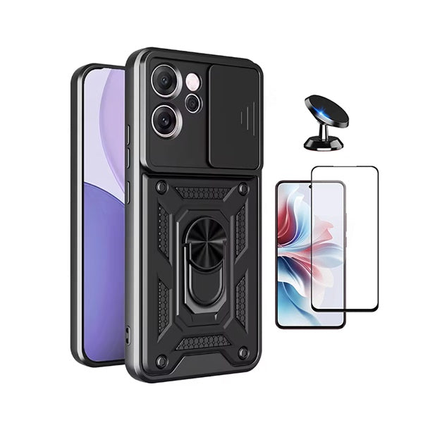 Kit Película de Vidro Temperado Gorilasglass Curvado + Capa de Proteção Militar Magnética + Suporte Magnético GIFT4ME Para Oppo Reno14 F 5G - Preto
