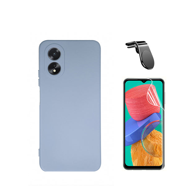 Kit Película ProtectOra de Hydrogel Frente + Capa Proteção Traseira Silicone + Suporte de Carro Magnético L GIFT4ME para Oppo A18 - Azul Claro