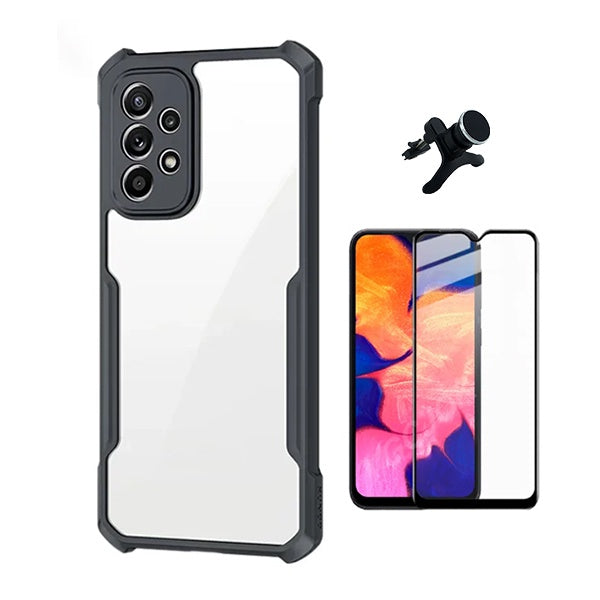 Kit Capa Traseira Fumê Rígida + Película de Vidro Temperado Gorilasglass + Suporte GIFT4ME Para Samsung Galaxy A13 4G - Transparente/Preto
