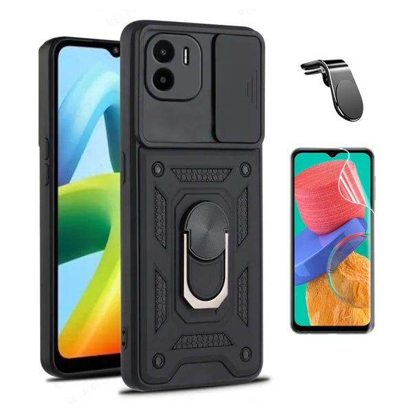 Kit Película de Vidro Temperado Gorilasglass + Capa de Proteção Militar Magnética Janela + Suporte de Carro Magnético L Gift4Me Para Xiaomi Poco C50 - Preto