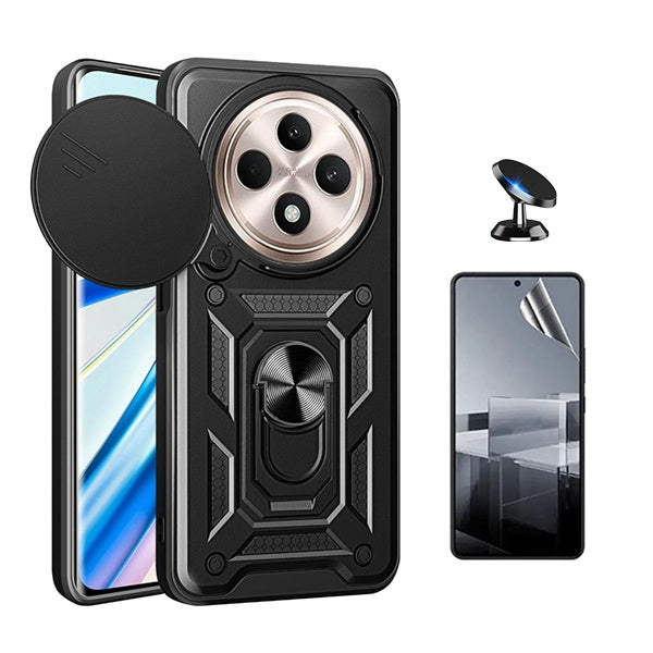 Kit Película Protectora de Hydrogel Frente + Capa de Proteção Militar Magnética Janela + Suporte Magnético Gift4Me Para Oppo Reno12 F 5G - Preto