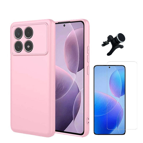 Kit Vidro Temperado Cleargorilasglass + Capa Proteção Traseira Silicone +  Suporte Reforçado de Carro GIFT4ME Compativel Com Xiaomi Poco F6 Pro - Rosa