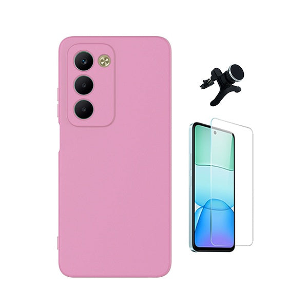 Kit Vidro Temperado Cleargorilasglass + Capa Proteção Silicone +  Suporte Reforçado de Carro GIFT4ME Para Xiaomi Redmi 15 4G - Rosa