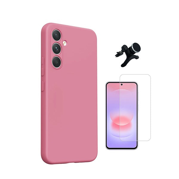 Kit Vidro Temperado Cleargorilasglass + Capa Proteção Silicone +  Suporte Reforçado de Carro GIFT4ME Para Samsung Galaxy A27 - Rosa