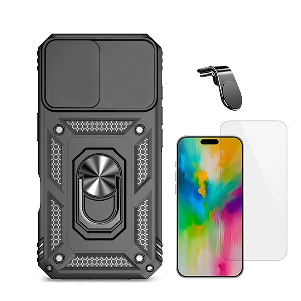 Kit Vidro Temperado Cleargorilasglass + Capa de Proteção Militar Magnética Janela + Suporte de Carro Magnético L GIFT4ME Compativel Com Apple iPhone 16 - Preto