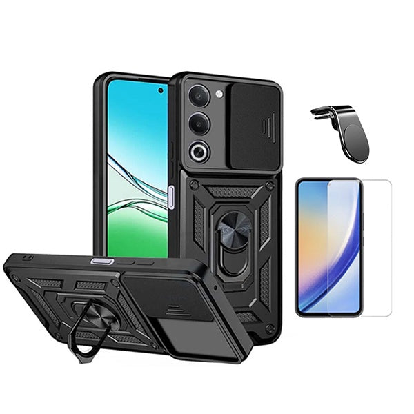 Kit Vidro Temperado Cleargorilasglass + Capa de Proteção Militar Magnética Janela + Suporte de Carro Magnético L GIFT4ME Para Oppo A5 5G  - Preto