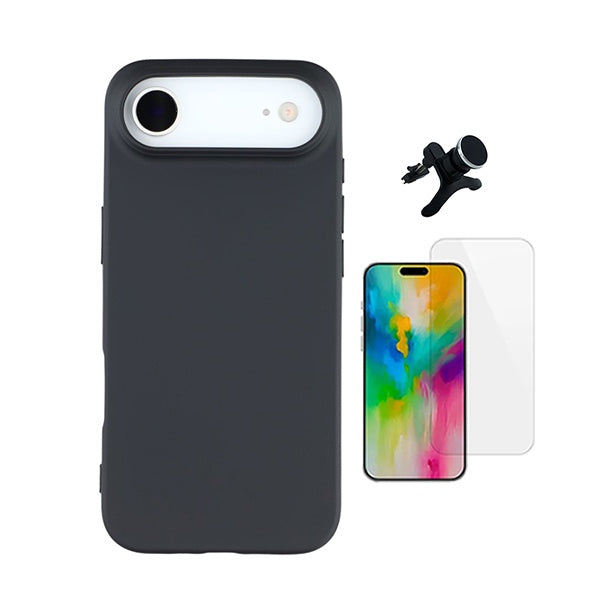 Kit Vidro Temperado Cleargorilasglass + Capa Proteção Silicone +  Suporte Reforçado de Carro GIFT4ME Para Apple iPhone 17 Air - Preto