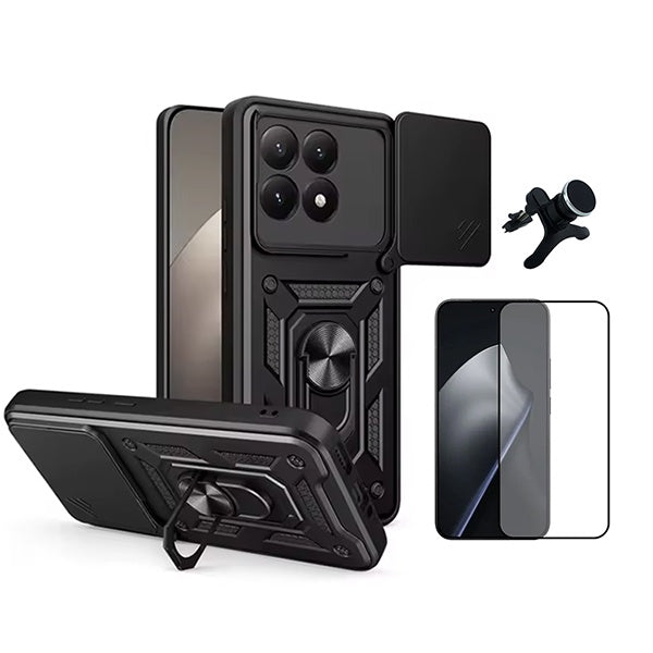 Kit Película de Vidro Temperado Gorilasglass + Capa de Proteção Militar Magnética Janela + Suporte Magnético Com Pernas GIFT4ME Para Xiaomi 15T 5G - Preto