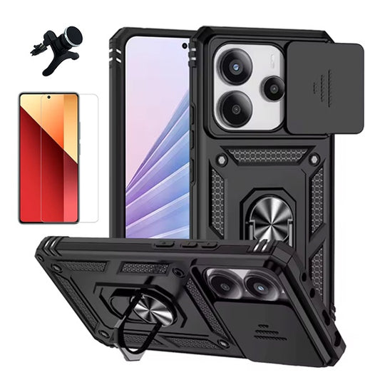 Kit Vidro Temperado Cleargorilasglass + Capa de Proteção Militar Magnética Janela + Suporte Magnético Com Pernas  Gift4Me Para Xiaomi Redmi Note 14 5G - Preto