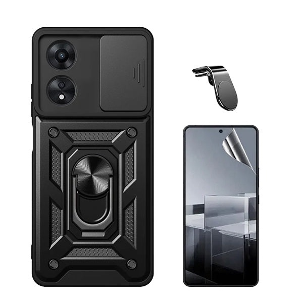 Kit Película Protectora de Hydrogel Frente + Capa de Proteção Militar Magnética Janela + Suporte de Carro Magnético L GIFT4ME Compativel Com Oppo A60 - Preto