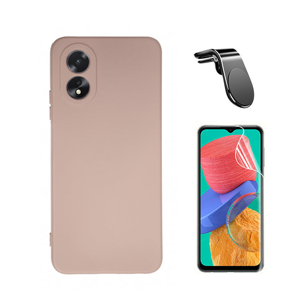 Kit Película ProtectOra de Hydrogel Frente + Capa Proteção Traseira Silicone + Suporte de Carro Magnético L GIFT4ME para Oppo A18 - Rosa