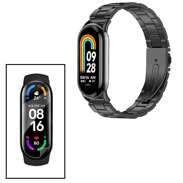 Kit Bracelete de Aço + Ferramenta + Pelicula de Hydrogel GIFT4ME Compativel Com Xiaomi Smart Band 9 - Preto