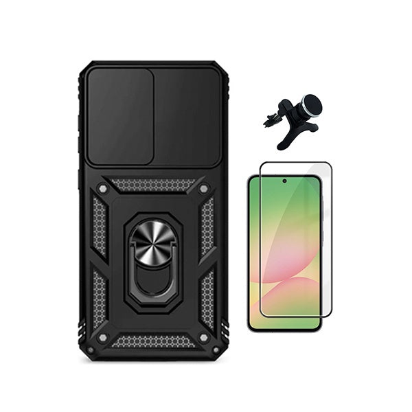 Kit Película de Vidro Temperado Gorilasglass + Capa de Proteção Militar Magnética Janela + Suporte Magnético Com Pernas GIFT4ME Para Samsung Galaxy A37 5G - Preto