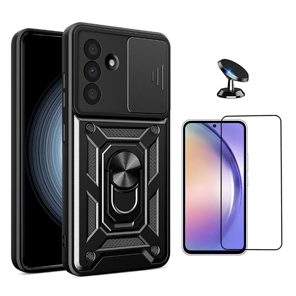 Kit Película de Vidro Temperado Gorilasglass + Capa de Proteção Militar Magnética Janela + Suporte Magnético GIFT4ME Para Samsung Galaxy A56 5G - Preto