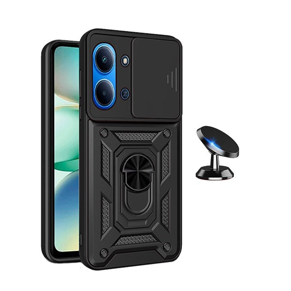 Kit Suporte Magnético + Capa de Proteção Militar Magnética Janela Deslizante GIFT4ME Para Xiaomi Redmi 15C - Preto