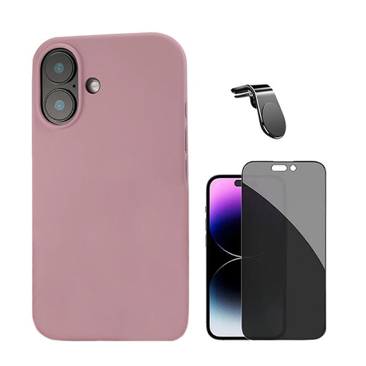 Kit Película de Vidro Temperado Privacidade + Capa Proteção Traseira Silicone + Suporte Magnético L GIFT4ME Compativel Com Apple iPhone 16 - Rosa