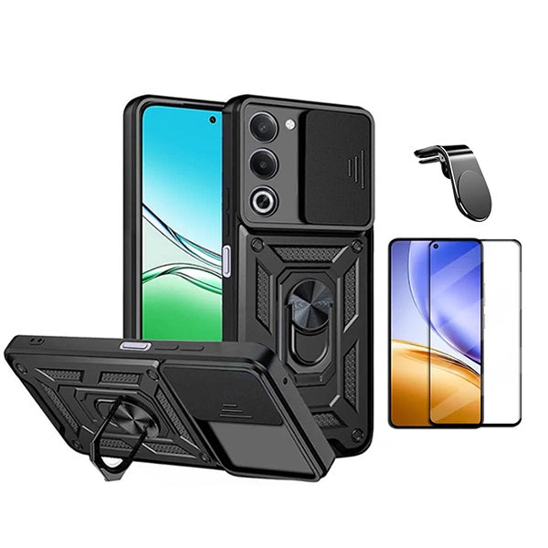 Kit Película de Vidro Temperado Gorilasglass + Capa de Proteção Militar Magnética Janela + Suporte de Carro Magnético L GIFT4ME Para Oppo A5 4G  - Preto
