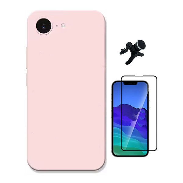 Kit Película de Vidro Temperado Gorilasglass + Capa Proteção Silicone + Suporte Reforçado de Carro GIFT4ME Para Apple iPhone 16e - Rosa