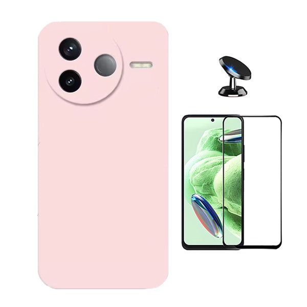 Kit Película de Vidro Temperado Gorilasglass + Capa Proteção Silicone + Suporte Magnético GIFT4ME Para Xiaomi Poco F7 Pro - Rosa