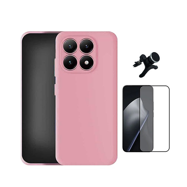 Kit Película de Vidro Temperado Gorilasglass + Capa Proteção Silicone + Suporte Reforçado de Carro GIFT4ME Para Xiaomi 17 5G - Rosa