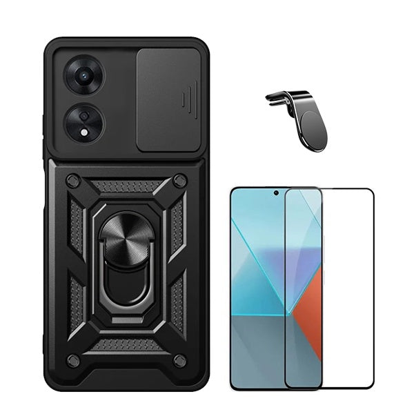 Kit Película de Vidro Temperado Gorilasglass + Capa de Proteção Militar Magnética Janela + Suporte de Carro Magnético L GIFT4ME Compativel Com Oppo A60 - Preto