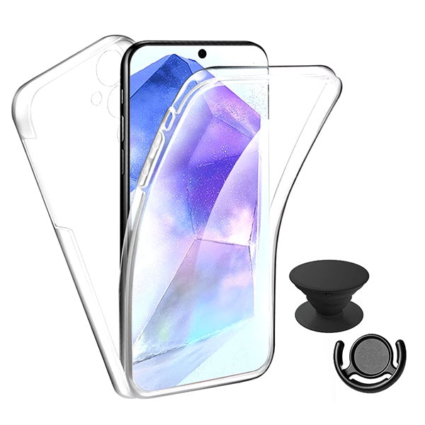 Kit Capa 360° Proteção Frente e Verso + 1 Handholder + 1 Suporte Handholder Preto GIFT4ME Para Samsung Galaxy S25 FE 5G - Transparente/Preto
