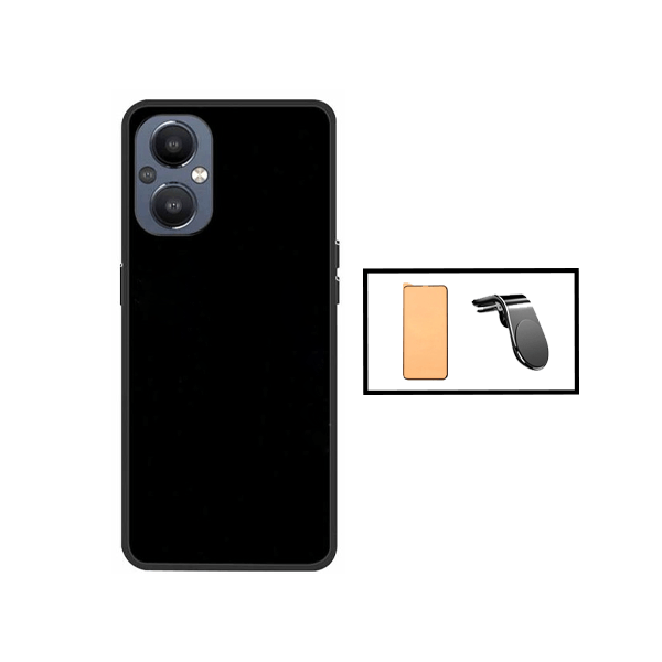 Kit Vidro Temperado Ceramica Full Cover + Capa Silicone Líquido + Suporte de Carro Magnético L para Oppo Reno7 Lite - Preto