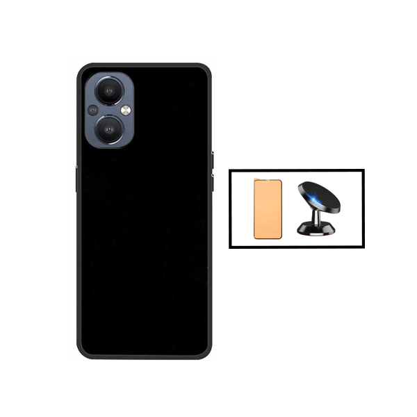 Kit Vidro Temperado Ceramica Full Cover + Capa Silicone Líquido + Suporte Magnético para Oppo Reno7 Lite - Preto