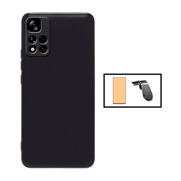 Kit Vidro Temperado Ceramica Full Cover + Capa Silicone Líquido + Suporte de Carro Magnético L para Xiaomi Redmi 10 Prime 2022 - Preto
