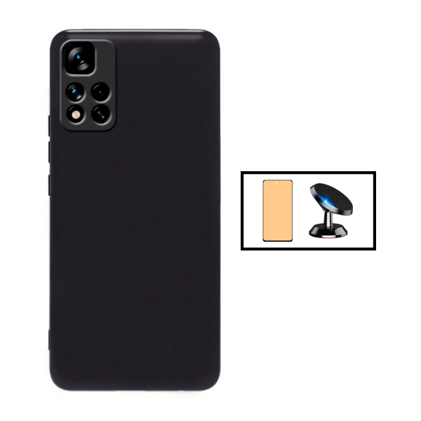 Kit Vidro Temperado Ceramica Full Cover + Capa Silicone Líquido + Suporte Magnético para Xiaomi Redmi 10 Prime 2022 - Preto