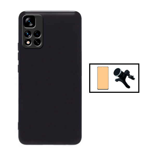 Kit Vidro Temperado Ceramica Full Cover + Capa Silicone Líquido + Suporte Magnético Com Pernas para Xiaomi Redmi 10 Prime 2022 - Preto