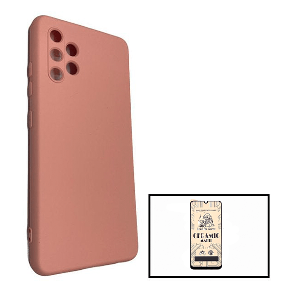 Kit Vidro Temperado Ceramica Full Cover + Capa Proteção Traseira Silicone para Samsung Galaxy A32 4G - Rosa