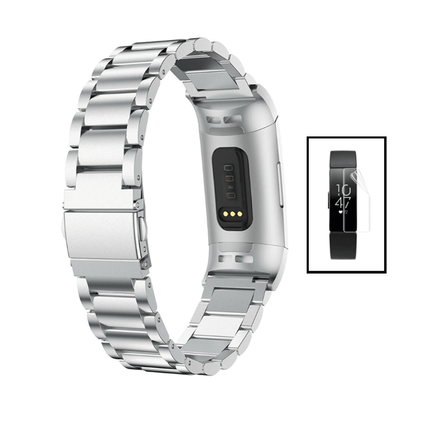 Kit Bracelete de Aço + Ferramenta + Pelicula de Hydrogel para Fitbit Inspire 2 - Cinza / Transparente