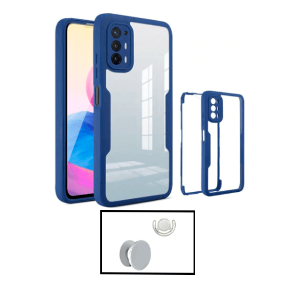 Kit Capa 360° Proteção Frente e Verso + 1 HandHolder + 1 Suporte HandHolder Branco para Oppo A94 5G - Azul Escuro