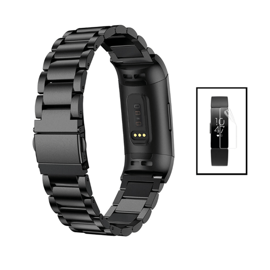 Kit Bracelete de Aço + Ferramenta + Pelicula de Hydrogel para Fitbit Inspire 2 - Preto / Transparente