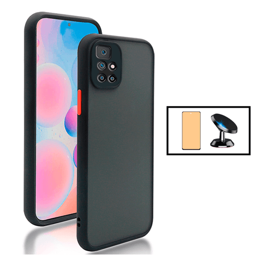 Kit Capa Traseira Proteção Camara + Vidro Temperado Ceramica Full Cover + Suporte Magnético para Xiaomi Redmi 10 Prime 2022 - Preto